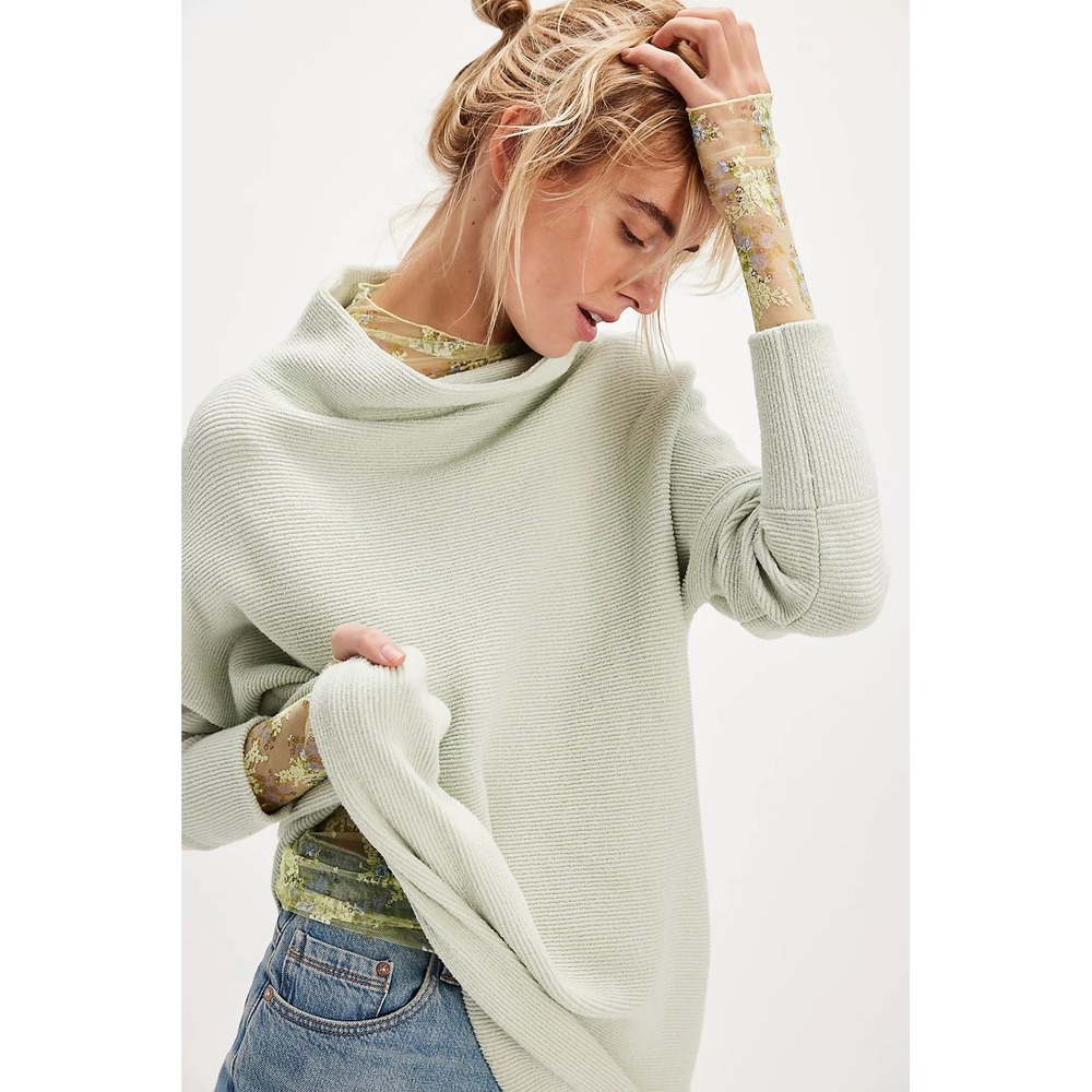 Free People Ottoman Slouchy Tunic Sweater Mint Green Ribbed Funnel Neck Size M